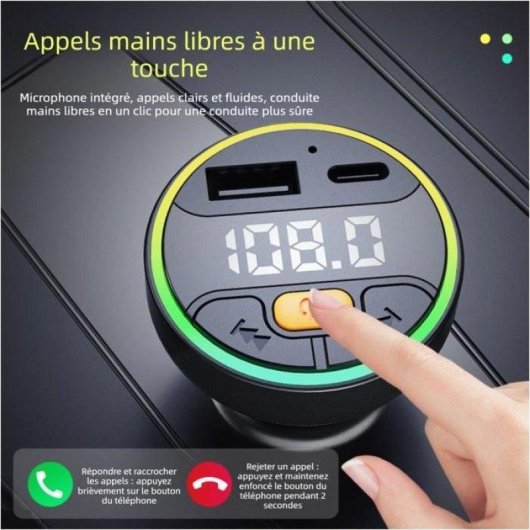 Transmetteur FM Bluetooth 5.3 Voiture Noir USB Type-C Charge Rapide 30W