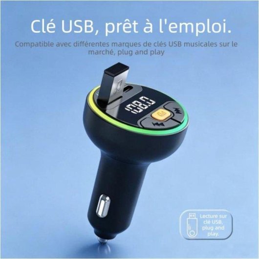 Transmetteur FM Bluetooth 5.3 Voiture Noir USB Type-C Charge Rapide 30W