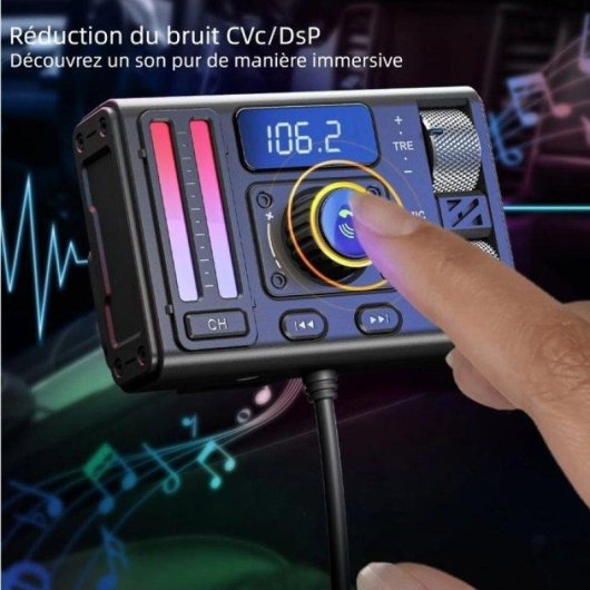 Transmetteur FM Bluetooth 5.3 Voiture Écran OLED Double USB Type-C 12-24V Noir