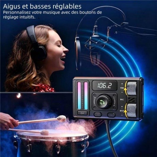 Transmetteur FM Bluetooth 5.3 Voiture Écran OLED Double USB Type-C 12-24V Noir