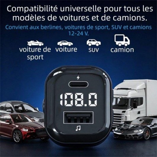 Transmetteur FM voiture Nobrand Bluetooth 5.3 USB-C 15W Écran 12-24V Noir