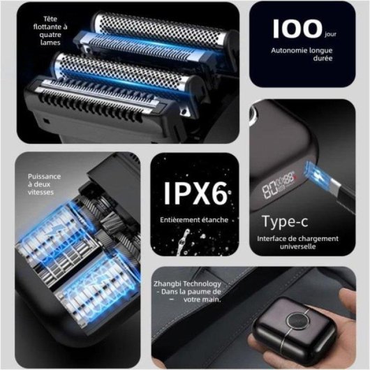 Rasoir Visage Nobrand Compact USB-C 100min IPX6 LED 4 Têtes