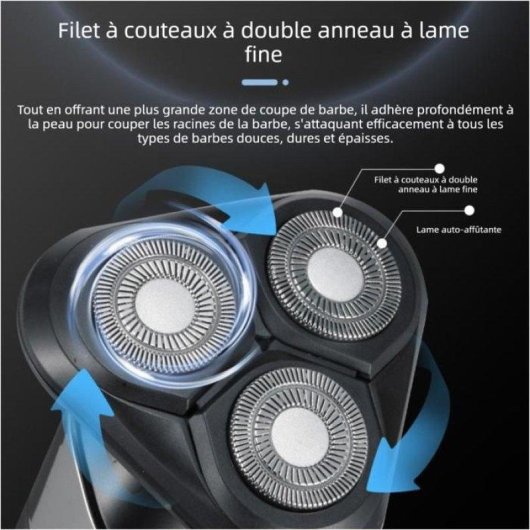 Rasoir Visage Nobrand Noir Sans Fil 90min Sec et Humide 3 Têtes LED