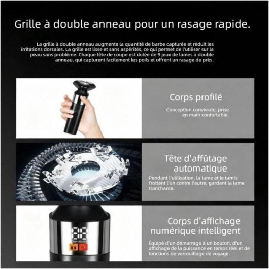Rasoir Visage Nobrand Noir Sans Fil 90min Sec et Humide 3 Têtes LED