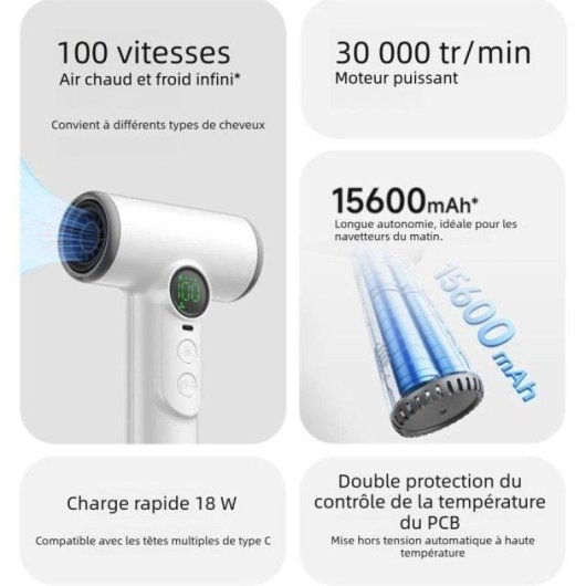 Sèche-cheveux Sans Fil Nobrand 15600 mAh 200W 100 Niveaux 3 Vitesses Blanc