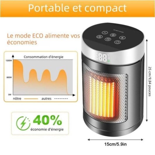 Chauffage Céramique Nobrand Oscillant 1500W Télécommande 3 Vitesses