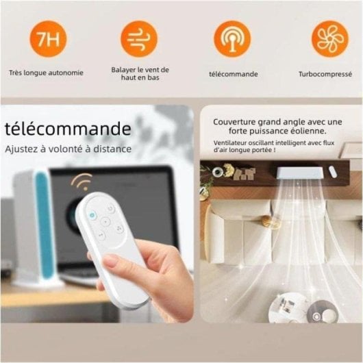 Ventilateur de Bureau Sans Pales Nobrand 3 Vitesses Oscillation Télécommande USB Batterie 6000mAh Blanc
