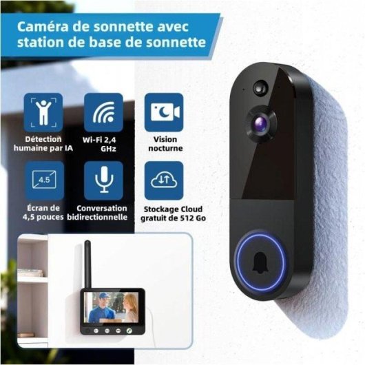 Interphone vidéo WiFi Nobrand HD Vision nocturne Batterie 18650 Noir