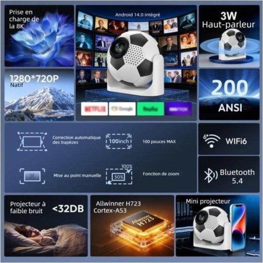 Projecteur portable Nobrand 720p 200 Lumens 100" LED DLP Compact Noir