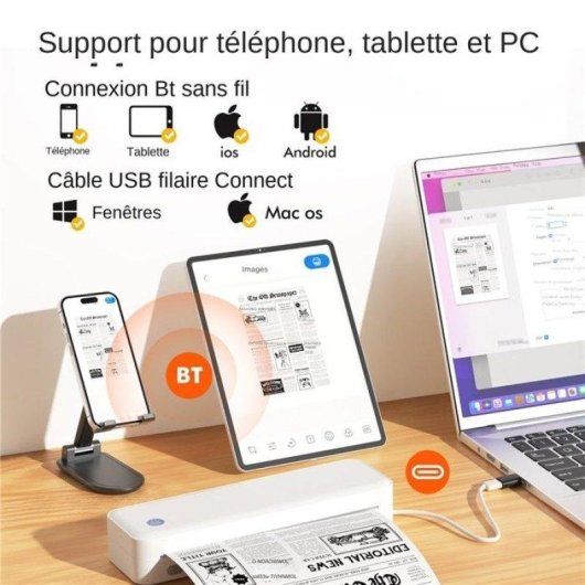 Imprimante Thermique Portable Bluetooth USB Nobrand Blanche Compatible A4 57 77 107 mm