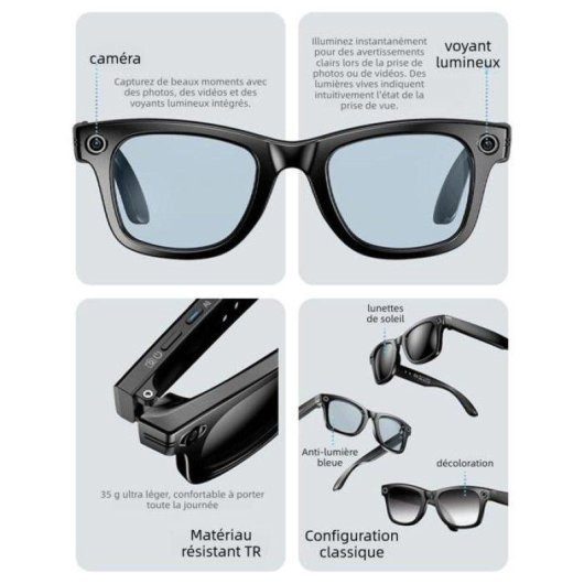 Nobrand Lunettes intelligentes Caméra 8 MP Bluetooth Wifi Mémoire 16 Go Noir