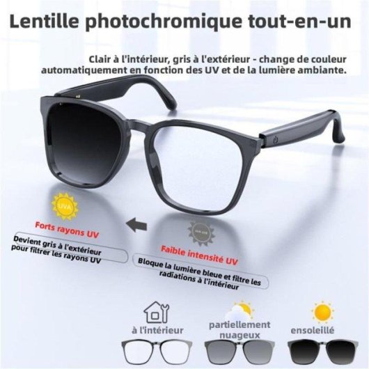 Nobrand A14 Lunettes intelligentes Bluetooth Contrôle tactile Photocromatiques Noir