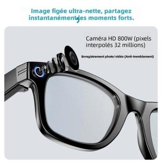 Nobrand Lunettes intelligentes Caméra 8 MP Bluetooth IA Traduction Noir