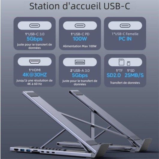 Nobrand Hub USB-C 8 en 1 Station d'Accueil USB-C Aluminium HDMI PD SD TF 25 Gbps Argent