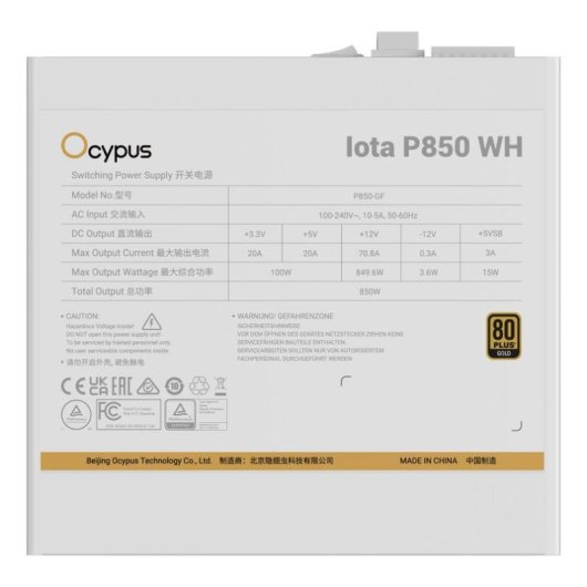 Fuente de Alimentación Ocypus Iota P850 WH 850W Certificazione 80 PLUS Gold modulare