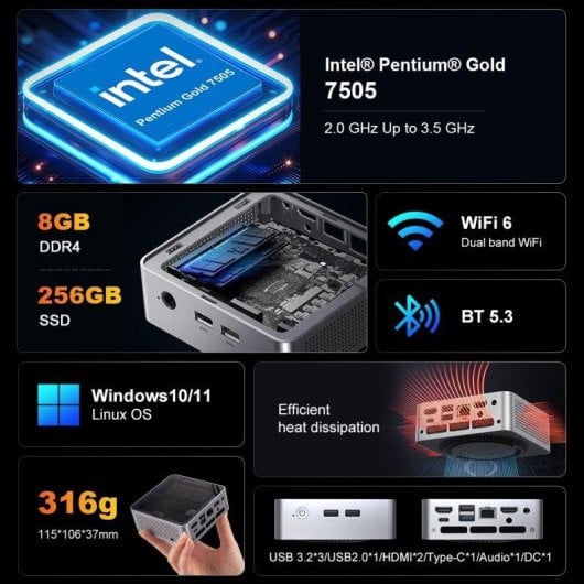 Mini PC Ninkear M6 Intel Pentium Gold 7505/8GB/256GB SSD/UHD Graphics Windows 11