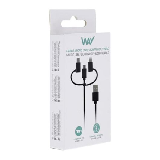 Cable TnB Way WCBL3IN1 USB 3 em 1 Lightning USB-C Micro USB 1 m Preto