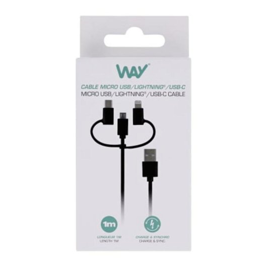 Cable TnB Way WCBL3IN1 USB 3 em 1 Lightning USB-C Micro USB 1 m Preto