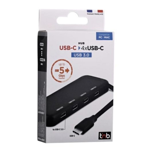 Hub TnB 4 portas USB-C 5 Gbps TCHUB4USBC compacto preto