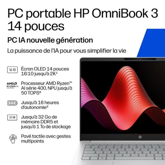 Ordinateur portable HP OmniBook 3 14" AMD Ryzen AI 5 16GB 512GB SSD Radeon 840M Windows 11