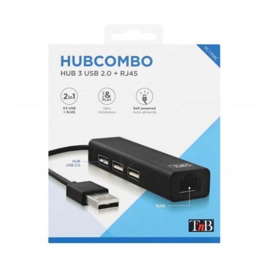 Concentrador USB TnB HUB3RJ45 3 Puertos USB 2.0 Ethernet 10/100
