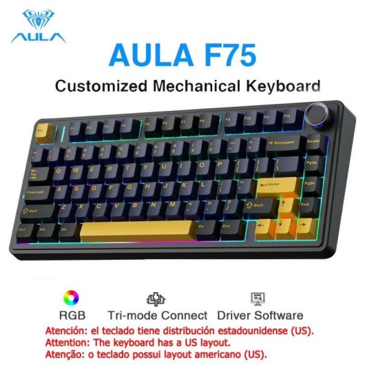 Teclado AULA F75 mecánico inalámbrico RGB Hot Swap US ANSI