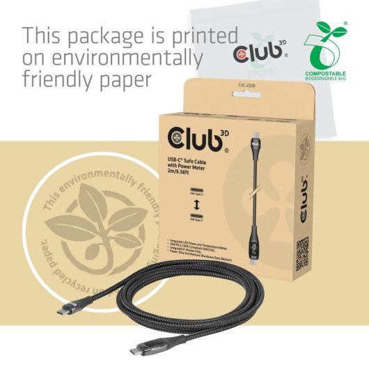 Cable USB-C Seguro Club 3D 240 W con Bloqueo de Datos y Medidor de Potencia 2 m