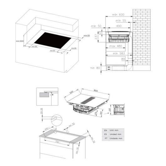 Placa de inducción Midea MIH7480Y225GKH1 80 cm con extractor integrado