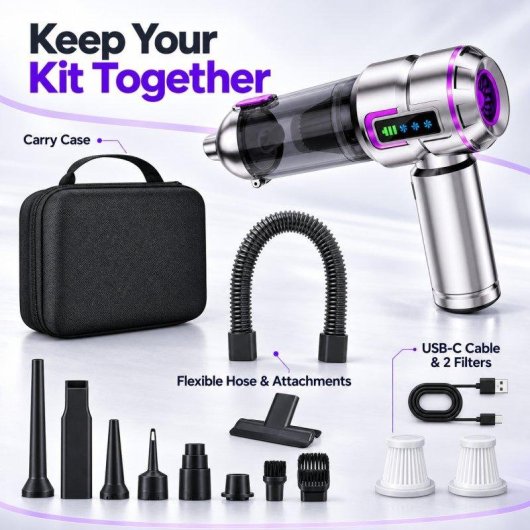 Aspirateur à Main Sans Fil Blossom 6000mAh Argent et Violet 4-en-1