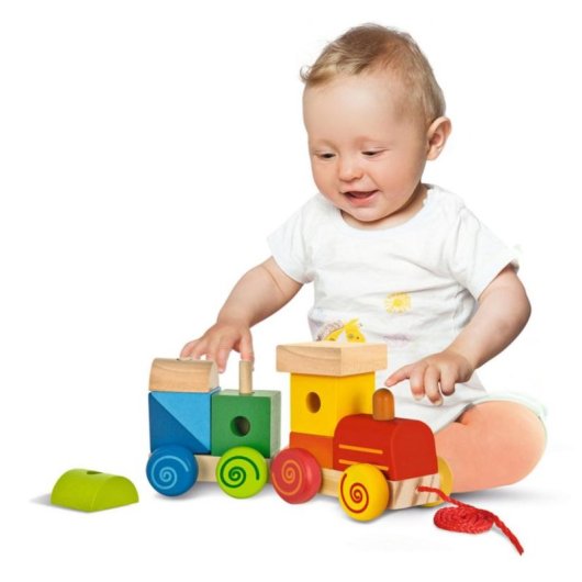 Train en bois Eichhorn avec sons et blocs encastrables multicolores
