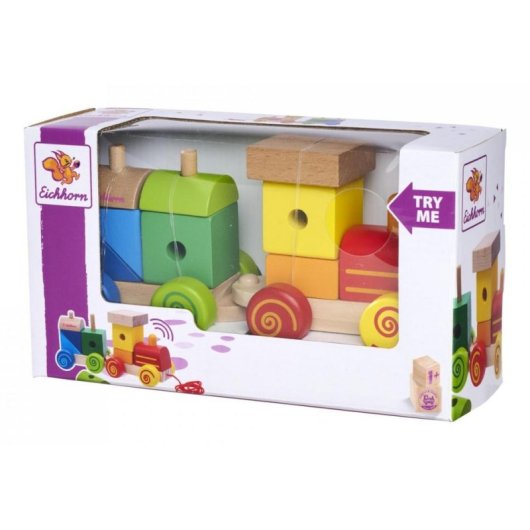 Train en bois Eichhorn avec sons et blocs encastrables multicolores