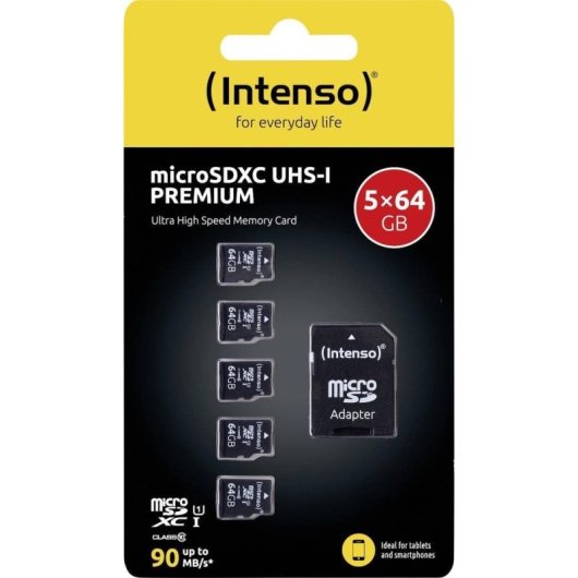Tarjeta microSD Intenso 5 x 64 GB UHS-I 90 MB/s con Adaptador Pack de 5
