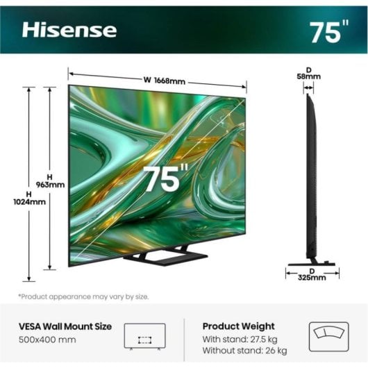 TV Hisense DLED 75E8S 75" 4K UltraHD 144Hz Smart TV VIDAA Dolby Vision IQ Atmos