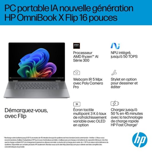 Ordinateur portable HP OmniBook X Flip 16 16" AMD Ryzen AI 7 350 24GB 512GB SSD AMD Radeon 860M Windows 11 Home