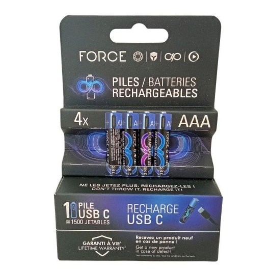 Pilha AAA Litio Recarregavel USB-C Force Power Pack