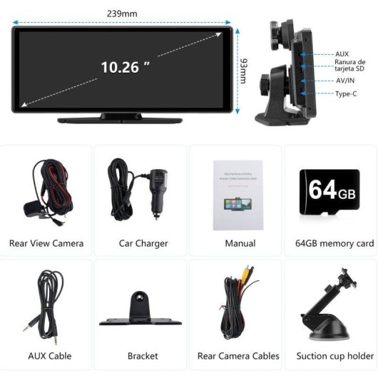 Pantalla táctil portátil Junsun 10,26" CarPlay Android Auto Bluetooth 5.0 cámara AHD