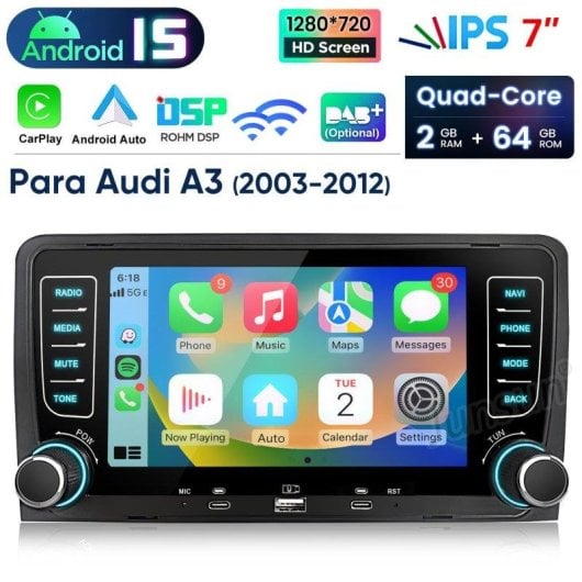 Autoradio JUNSUN Audi A3 S3 RS3 8P 7" Android 15 CarPlay GPS 64GB