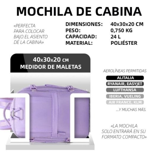 Mochila de cabina RAYKONG 40x30x20 cm 24 L impermeable portátil 16" morada
