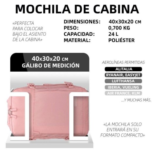 Mochila RAYKONG Cabina Ryanair 40x30x20 cm 24L Impermeable Rosa