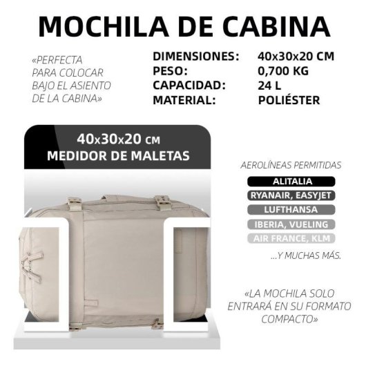 Mochila Raykong Cabina Impermeable 40x30x20cm 24 L Equipaje de mano Khaki