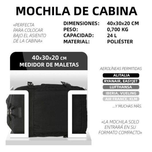 Mochila Cabina RAYKONG 40x30x20 cm 24 L Impermeable Equipaje de mano Negro