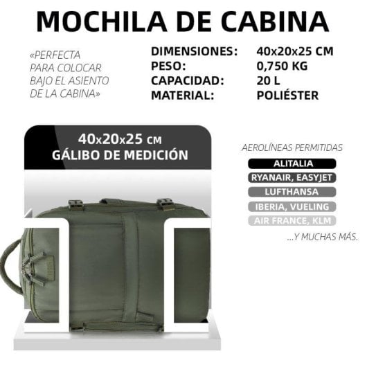Mochila Raykong Cabina Expandible 40x20x25 cm Portátil 15" Verde