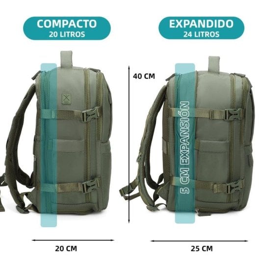 Mochila Raykong Cabina Expandible 40x20x25 cm Portátil 15" Verde