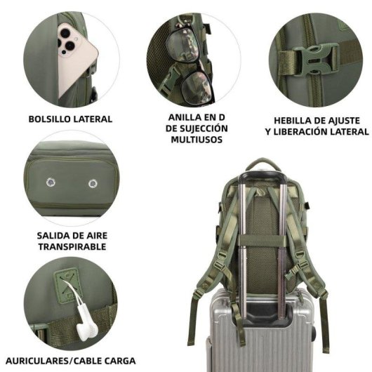Mochila Raykong Cabina Expandible 40x20x25 cm Portátil 15" Verde