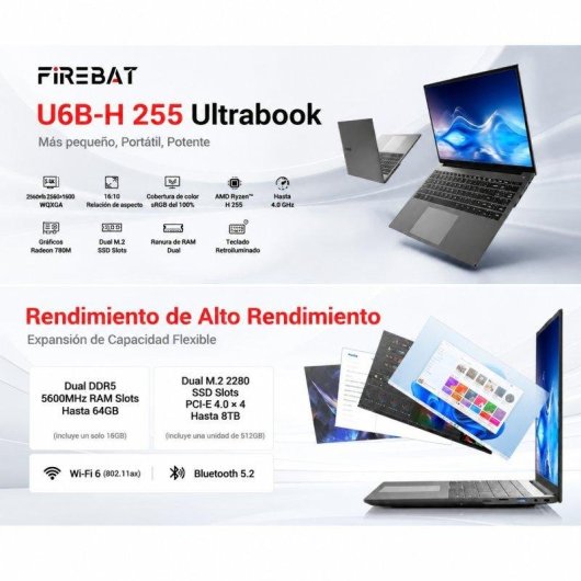 Portátil FIREBAT U6B 16" AMD Ryzen 7 H255 16GB 512GB SSD AMD Radeon 780M Windows 11