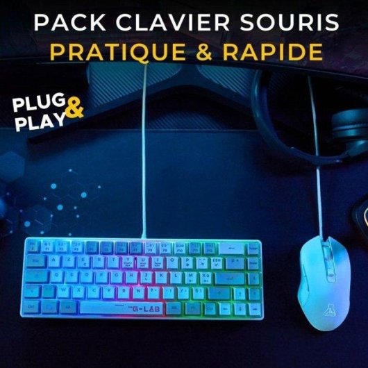 Clavier The G-lab Hydrogen Combo AZERTY avec Souris Câblée Blanc/Gris