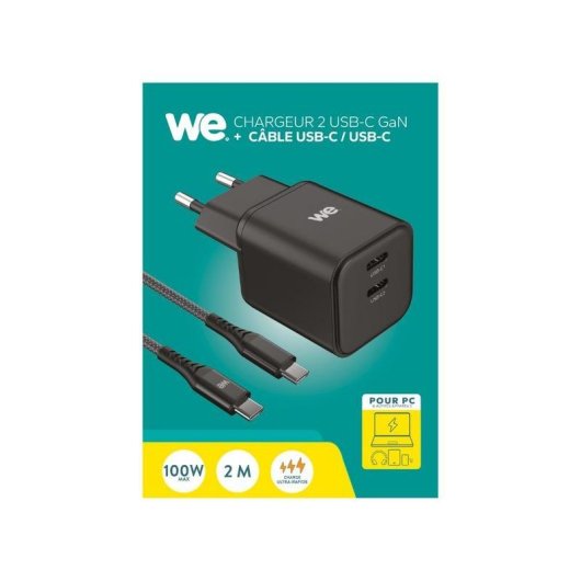 Chargeur secteur WE GaN 100 W Power Delivery 3.0 double USB-C noir