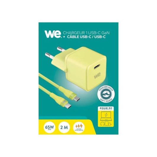 Chargeur secteur WE GaN 65W USB-C PD 3.0 avec câble 2 m jaune