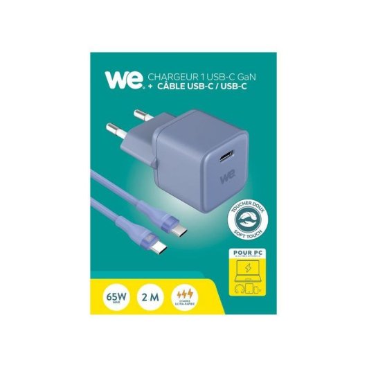 Chargeur secteur WE GaN 65W Power Delivery 3.0 USB-C avec câble 2m bleu