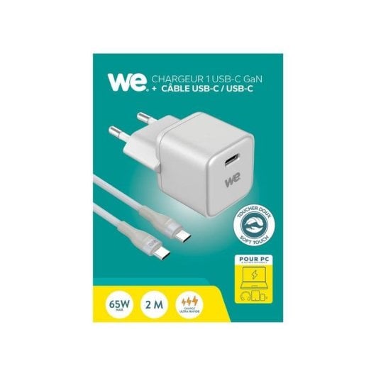 Chargeur WE GaN 65 W Power Delivery 3.0 avec cable USB-C 2 m